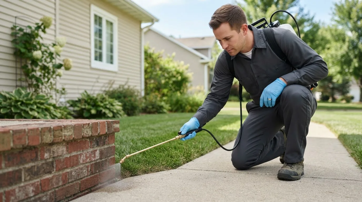Pest control technician treating a home near Fultonham, OH