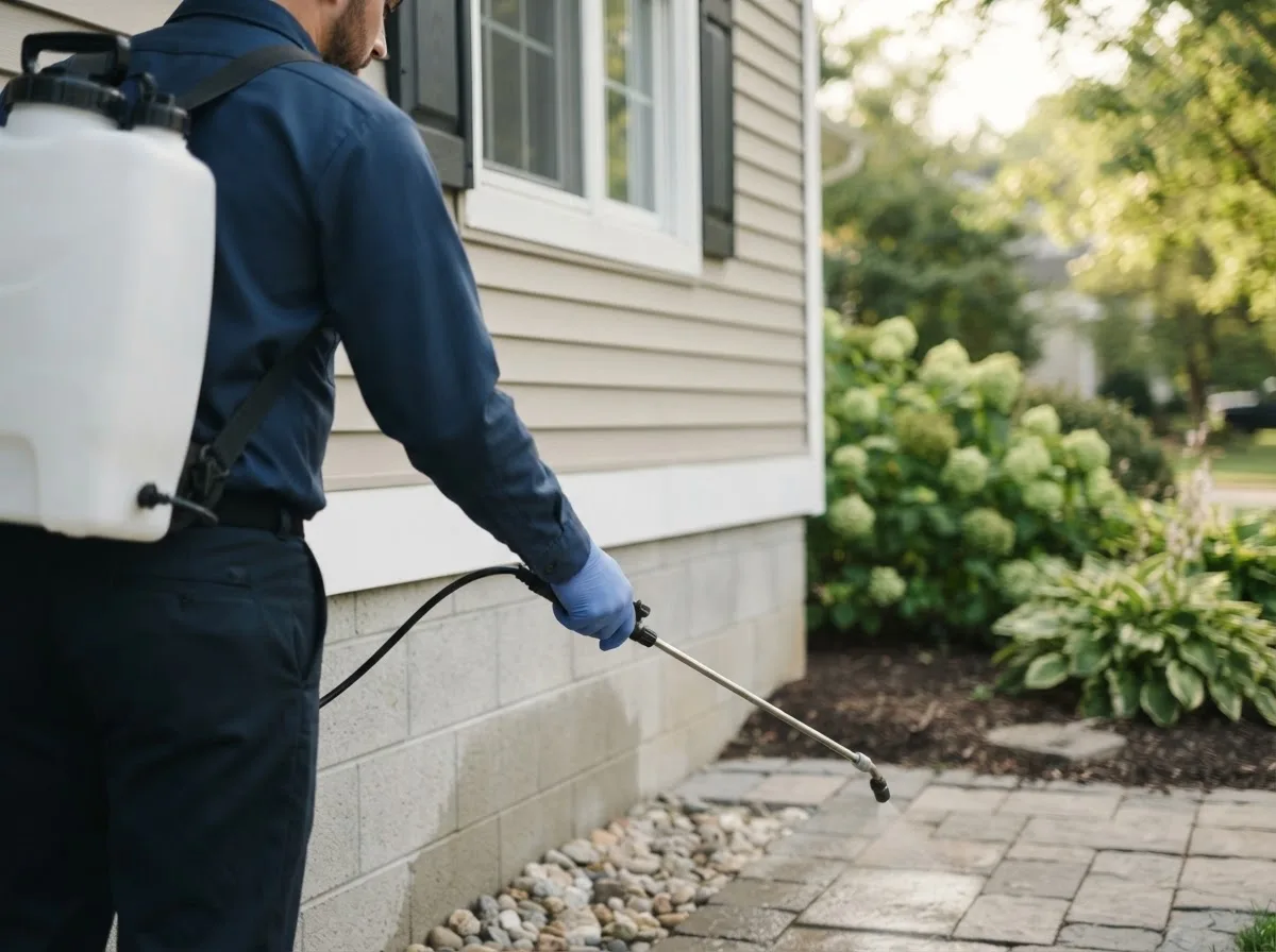 Pest control technician inspecting a home in Fultonham, OH